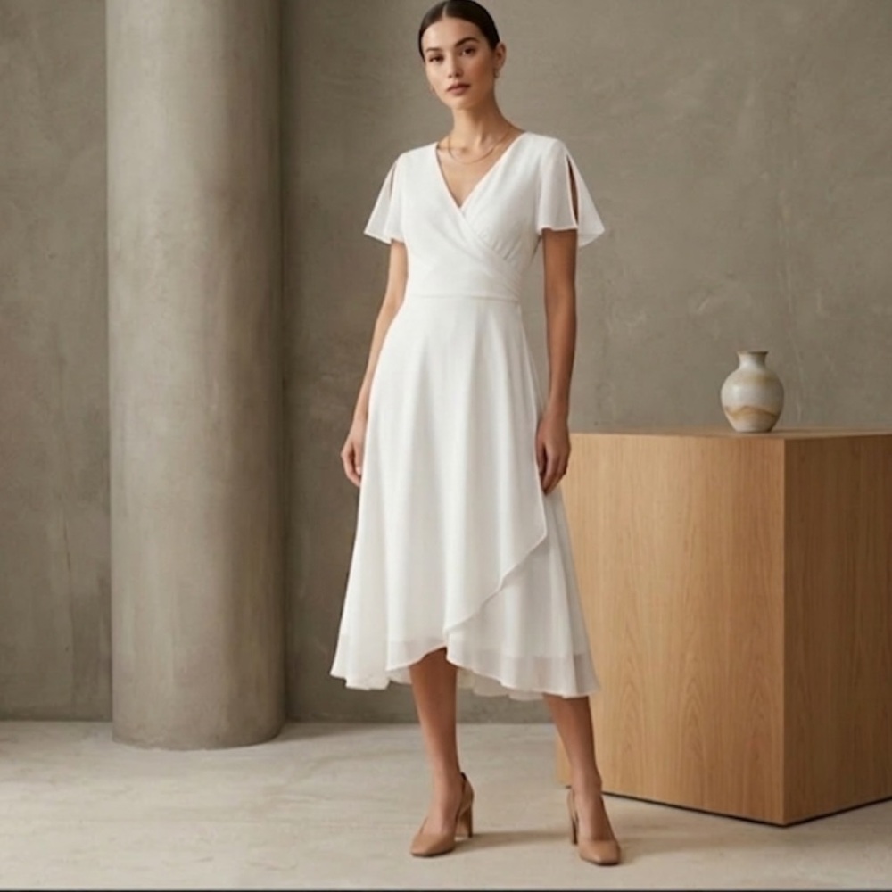 Iris & Ink White Chiffon Sleeveless Faux Wrap Fit and Flare Midi Dress Size 8